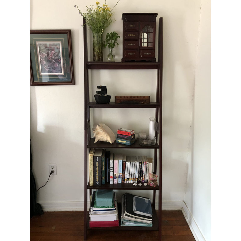 5-Tier Ladder Bookshelf Organizer, Solid Rubberwood Frame - high quality White